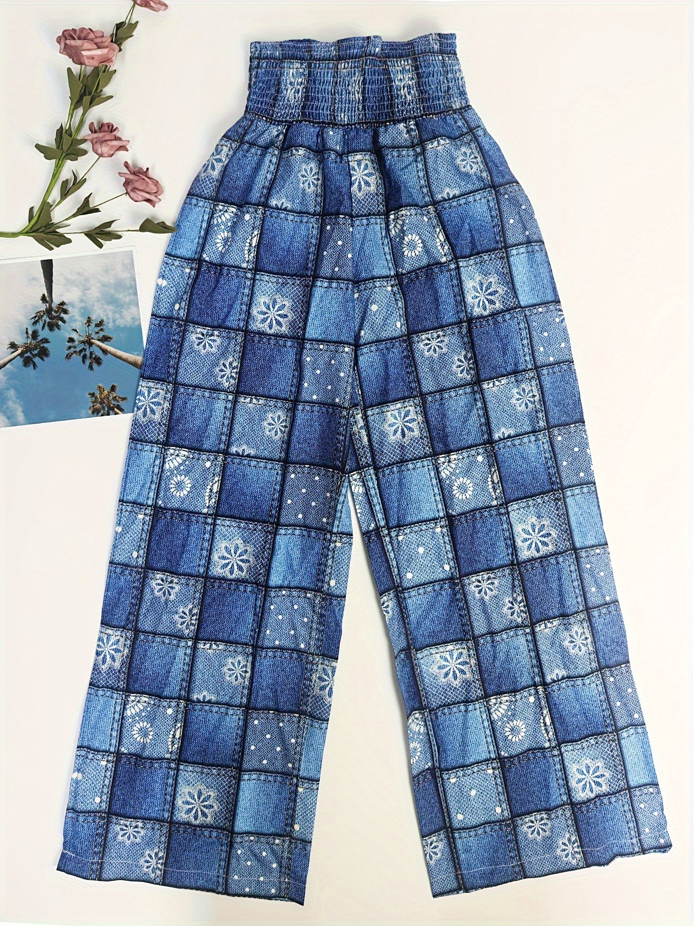 Stretched-waist checkered fabric floral printed long pants Random shipment