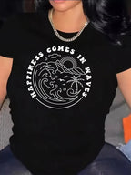 Fun round letter print T-shirt with round neck casual short-sleeved top