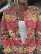 Women's  Floral Print Round Neck Button Front Openwork Sweater