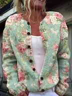 Women's  Fashion Lightweight Button-Front Sweater with All-Over Multicolor Floral Pattern Round Neck  Cardigan