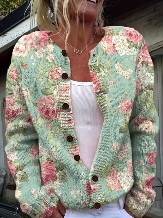 Women's  Fashion Lightweight Button-Front Sweater with All-Over Multicolor Floral Pattern Round Neck  Cardigan