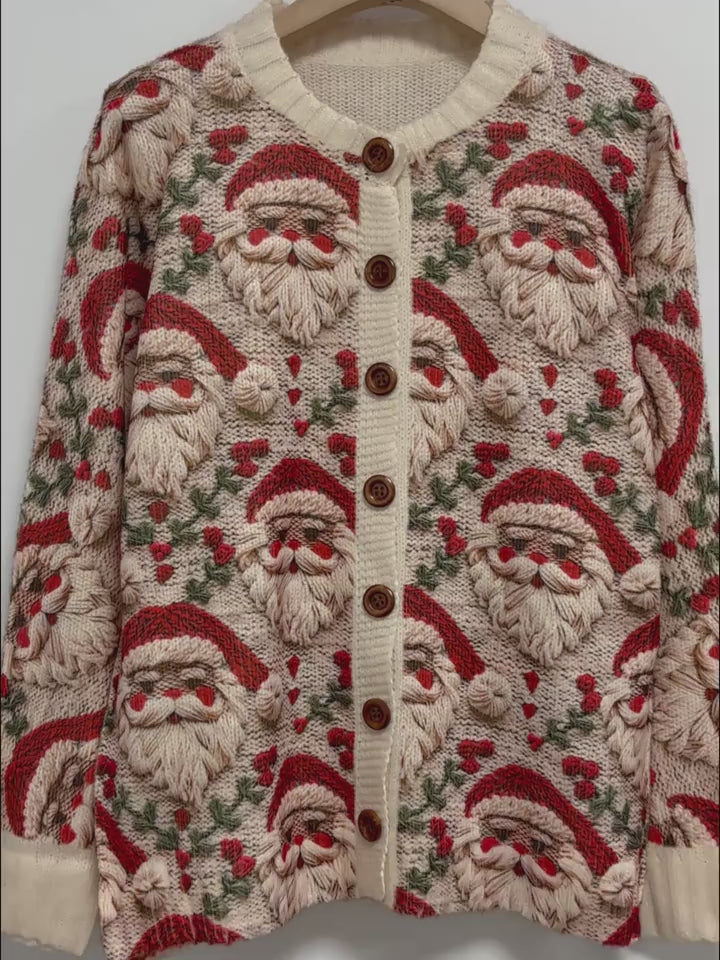 Women' S Embroidered Design Festive Santa Claus Cardigan