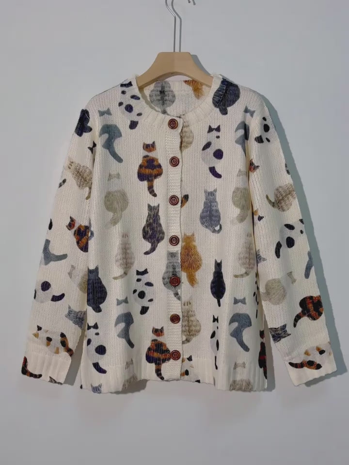 Women's Casual Cat Print Long Sleeve Round Neck Open Front Sweater with Button Closure Cardigan