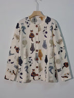 Women's Casual Cat Print Long Sleeve Round Neck Open Front Sweater with Button Closure Cardigan
