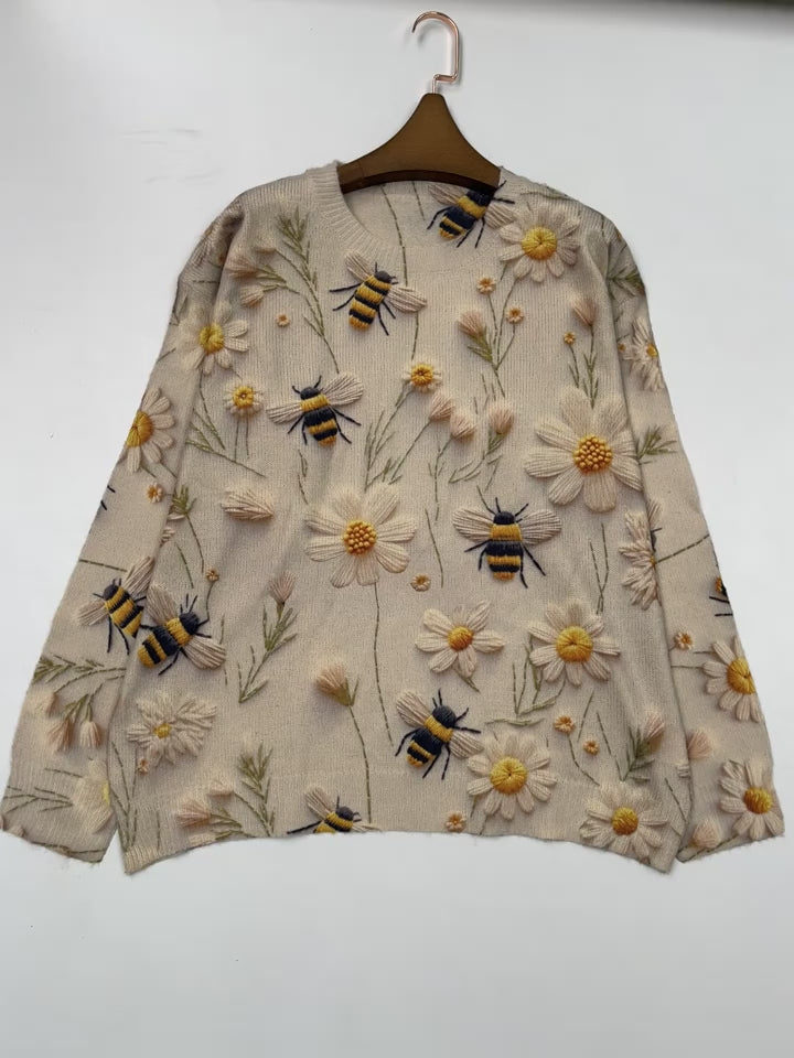 Casual Long Sleeve Sweater For Fall & Winter Floral ＆ Bee Pattern Crew Neck Sweater