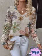 Women'S Elegant V-Neck All-Season Long Sleeve Pullover Sweater in Beige Sweater