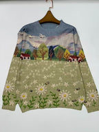 All-Over Print Pixel Animation Style Pattern Thin, Casual Crew Neck Long Sleeve Sweater