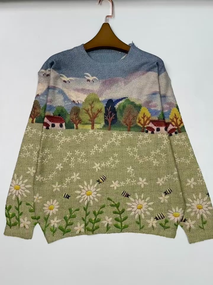 All-Over Print Pixel Animation Style Pattern Thin, Casual Crew Neck Long Sleeve Sweater